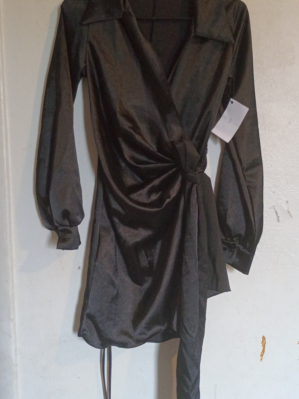 Black Satin Wrap Mini Dress with Knot Waist